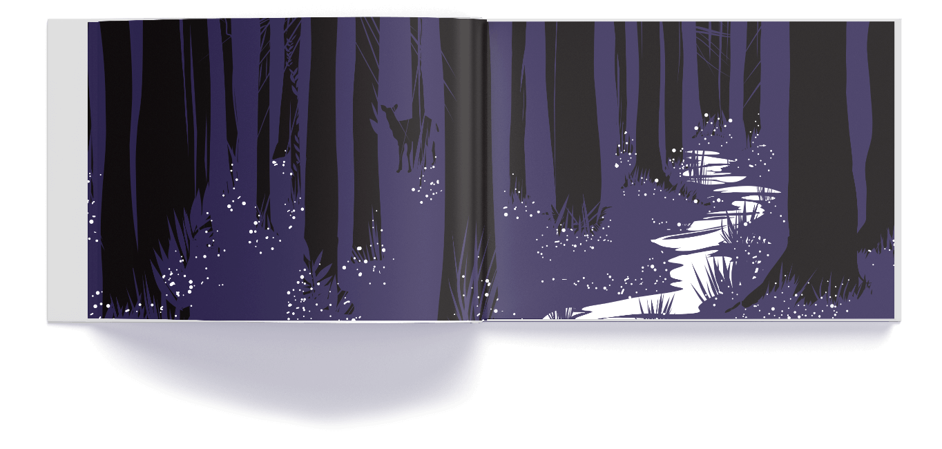 The Fisher of Perch inner page with illustration of dear in a forest at night, by Design Foundry
