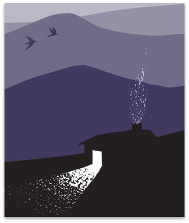 An illustration of a house on a hill, by Design Foundry, from The Fisher of Perch book.