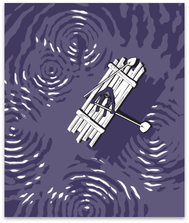 An illustration of a man on a raft in a river, by Design Foundry, from The Fisher of Perch book.