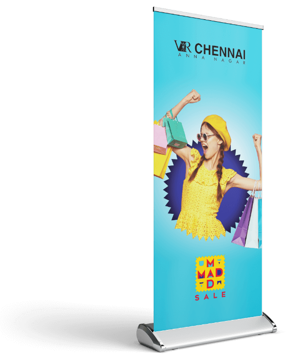 Mockup of roll-up designed by Design Foundry for Mad Mad Sale run across various Virtuous Retail centres.